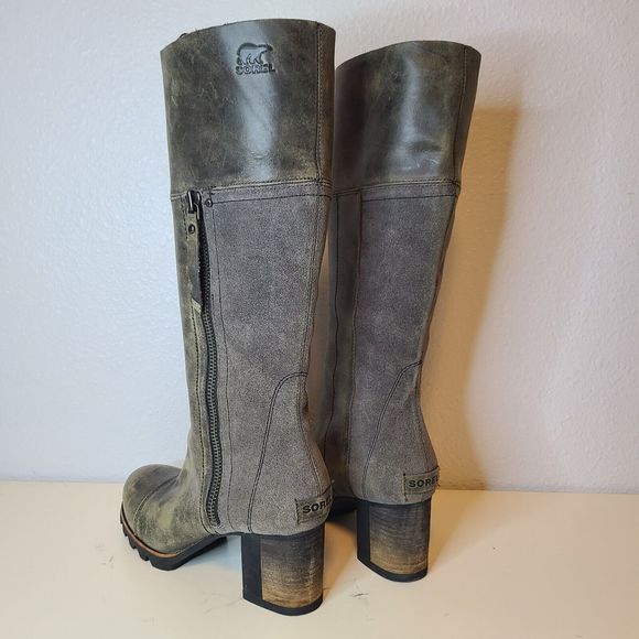 Sorel Women Boots NL2301 Addington Distressed Taupe Gray Leather Tall Heel Sz 7 - Picture 6 of 12